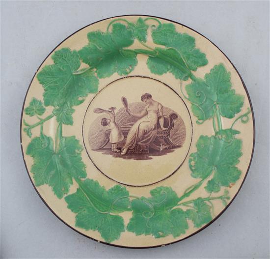 A Davenport Drabware supper dish and two plates and a Staffordshire Drabware dessert dish and two plates, early 19th century, dish 24.5